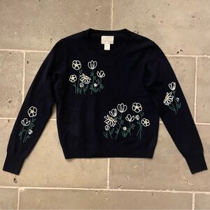Navy Cynthia Rowley 100% Cashmere blue & white embroidered floral sweater size s